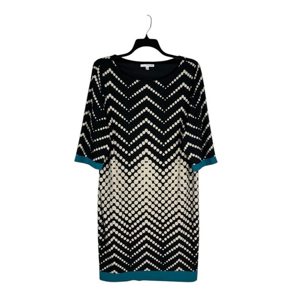 Studio One Shift Dress18W Black Cream Polka Dot 3/4 Sleeve Midi Stretch Cocktail - Picture 1 of 8